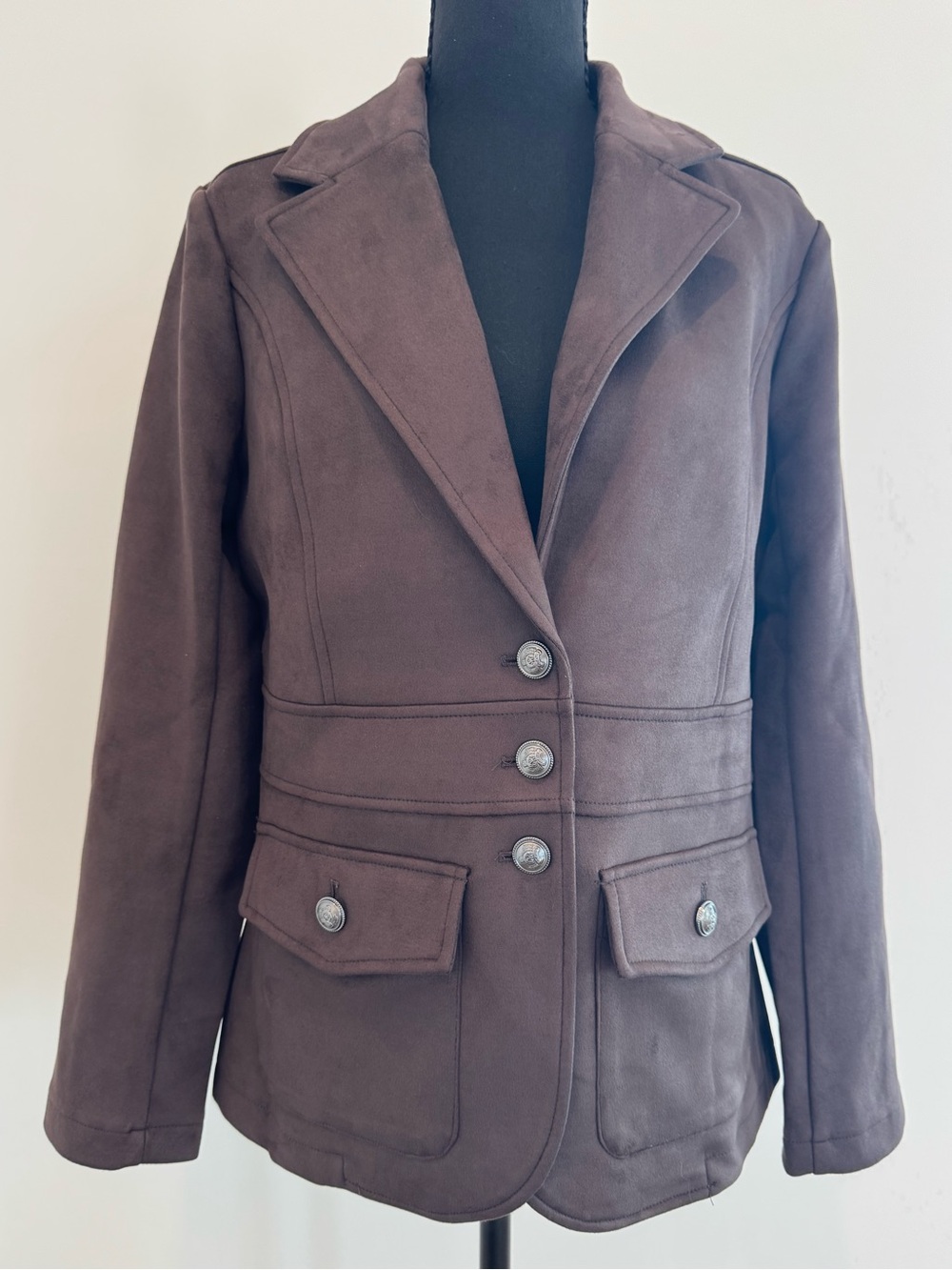 NWT, Medium Joie Faux Suede Gold Crest Button Tailored Blazer. Chocolate Brown